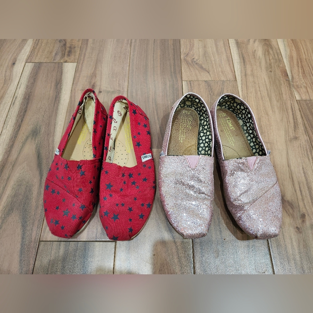 TOMS Pink Glitter and Red Star Alpargata Slip On Shoes